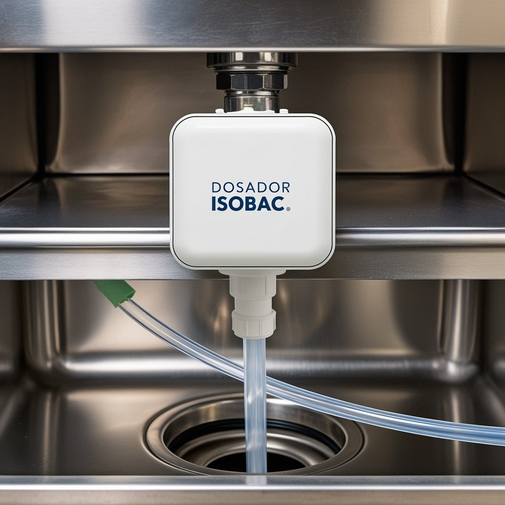 Dosador autom&aacute;tico ISOBAC instalado sob a pia